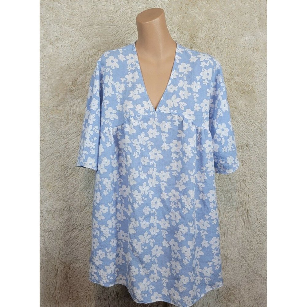 Quintina Women's Size L Short Sleeve Baby Doll Dress Blue Floral Cotton Ileen I